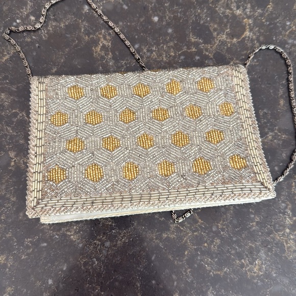 Vintage Beaded Geometric Evening Shoulder Bag Clutch Gold Silver - Picture 5 of 9